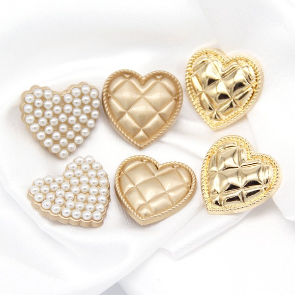 5 Pcs Metallic Gold Heart Shape Sewing Buttons, Faux Pearls Shank button, For Wedding Sewing Shirt, Blouse, Baby Dress, DIY Crafts