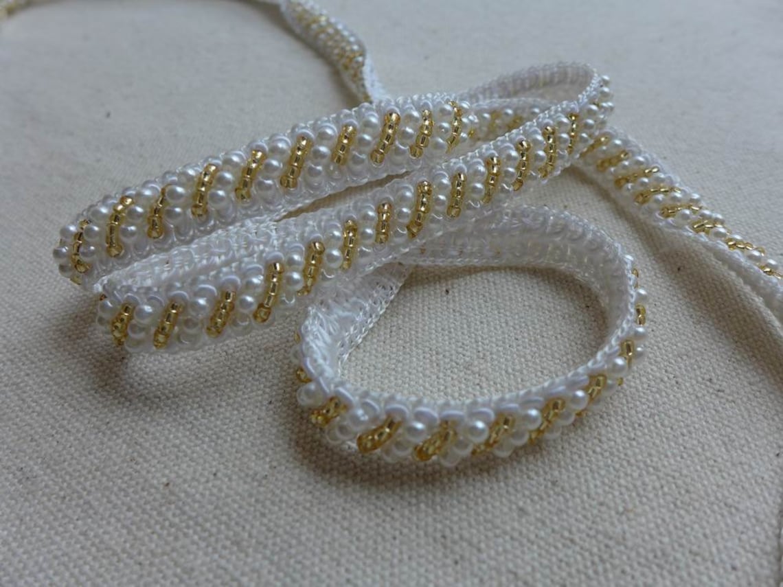 1 Yard Gold Beaded Trim Ivory Pearl Bead Lace for Bridal Etsy