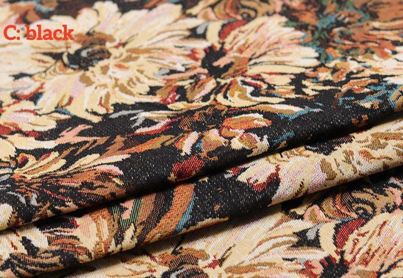 Vintage Floral Jacquard Fabric, Oil Painting Style Flower Venice Fabric, For Boho Dress, Cottagecore Clothing, Coat, Rug, DIY Bag Material C: black