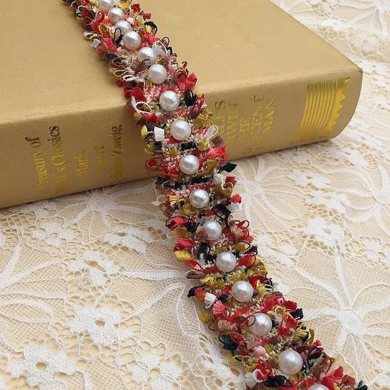 Chic Webbing Pärlor Pärlspetskant, Kungligt blå pärlspets, Krämfärgad bröllopsskärp Bälte, Millinery kant, Heminredningskant, 1 kubikmeter Red