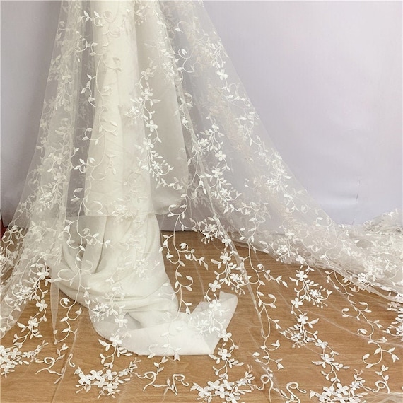 Exquisite Leaves Branch Embroidery Lace Fabric in Off White Soft Tulle lace fabric For Wedding gown Bridal Lace Fabric by the yard
