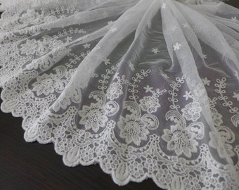 WIDE Off white Lace Trim, Bridal Embroidered Floral Lace, Off white Tulle Lace Fabric Trim, by 1 Yard