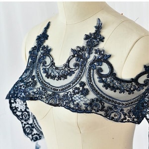 Acabamento em renda Alencon azul marinho, lindo acabamento com lantejoulas, renda para véus de noiva, tecido de renda para vestidos de noiva por metro