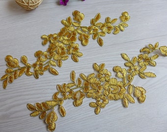 Alencon Lace Gold Applique Lace Trim for DIY headwear, Wedding shoes, Costume Design, By 1 pair