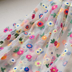 Colorful Flowers Lace Fabric, Soft Tulle Lace Fabric, Embroidered lace for Summer Dress, Tutu Dress, Garden Dress, Veil, By 1 Yard Nude