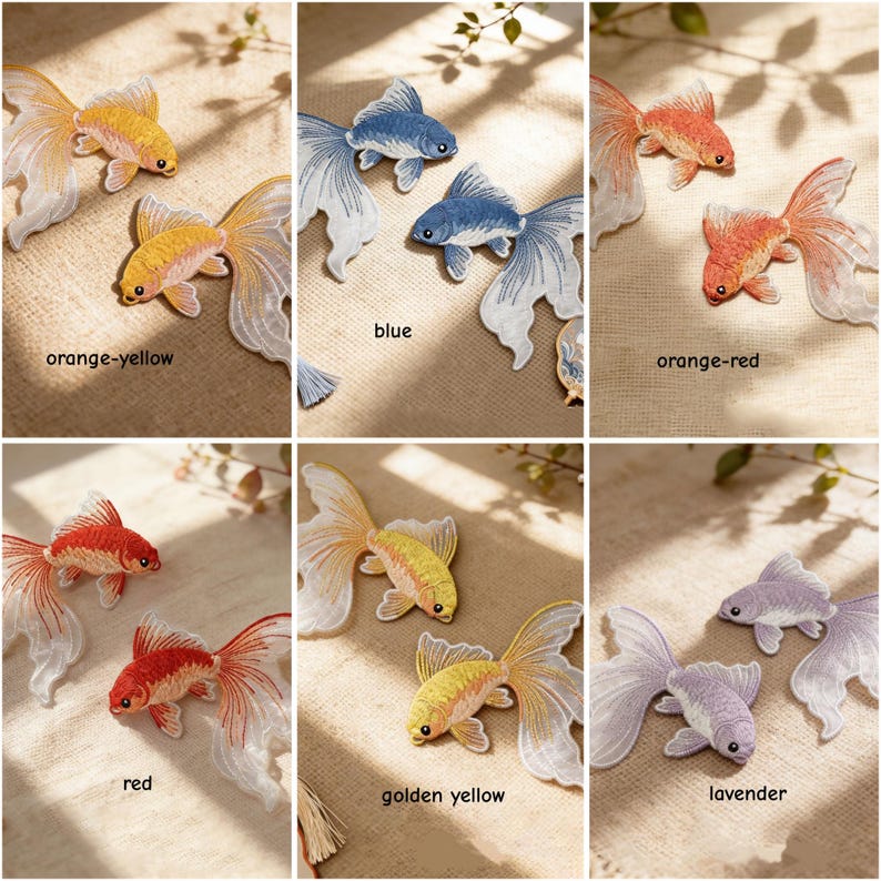 May include: A collection of embroidered goldfish patches in various colors including orange-yellow, blue, orange-red, red, golden yellow, and lavender. Each patch features detailed stitching of a fish with flowing fins and a distinct color palette.