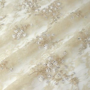 Champagne 3D Beaded Petals lace fabric, Sequined Organza Bridal fabric For Full Evening, dress, cheongsam, Prom