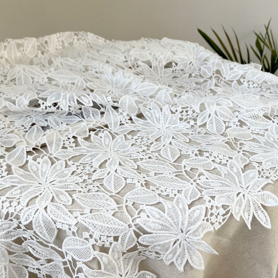 Large Flowers Guipure Lace Fabric, Delicate Hollow Out Fabric in off White  for Prom, Evening Dress, Haute Couture, Designer Fabric 