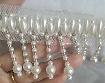 Dangling Ivory teardrop Pearls Beaded Wedding Trim, Tassel Trim, Fringe Trim For Home Decor supply, Lampshade Cover, Cuff Design