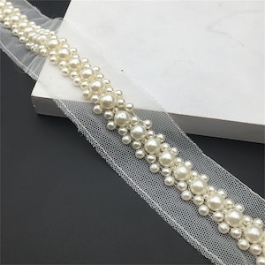 Big Small Ivory Pearls Beaded Trim, Mesh Beading Lace, Beaded Bridal Sashes, Wedding Belt Supply, Crafts Sewing lace, by 1 yard