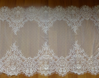 French chantilly lace off white floral embroidered lace trim with scallop eyelash edge on both sides, by 3 Yards