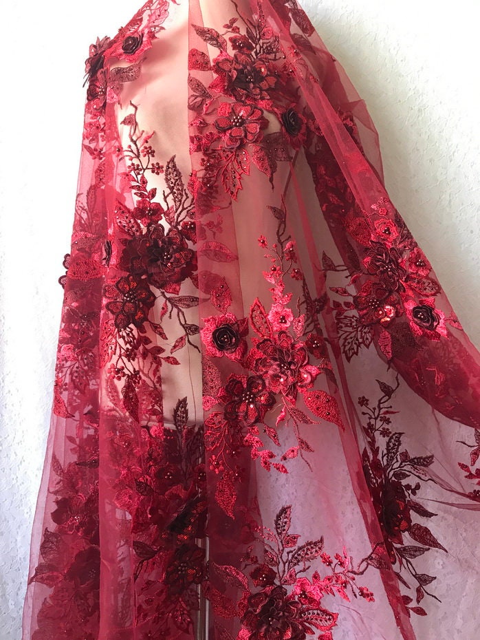 Beaded 3D Leaf Lace with Iridescent Accents on Soft Mesh for Luxury Garment Crafting