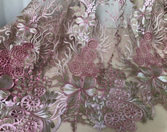 Pink guipure lace fabric, gold thread embroidered lace, pink gold bridal lace fabric, By 1 yard
