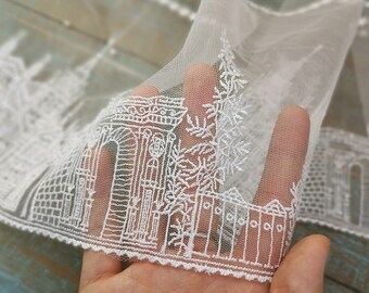 Castle Embroidery Nylon Mesh Lace Trim in off White, Fairy