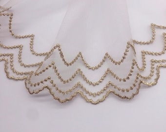 Gold Embroidery Scallop Mesh Lace Trim, Rose gold water wave lace trim For DIY Crafts, Baby dress, Cuff design, Dress Hem, 9 yards