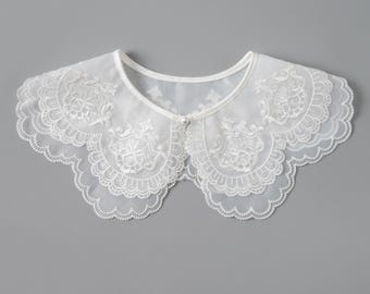 Double Layers Organza  Neckline Lace Collar, Embroidery Lace in Off White for Costume Design, Sweater, Pullover, Lolita, Summer dress, 1 pcs