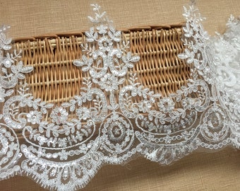 Precioso encaje bordado con lentejuelas y cuentas de Alencon en color blanco roto para velos de novia, vestidos de novia y apliques. Suministro de ribetes para velos, por 1 yarda.