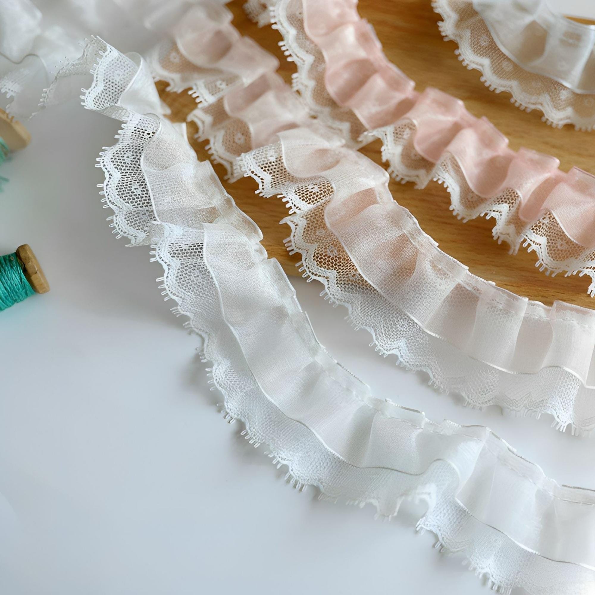 Pleated Narrow Double Layers Lace Trim, Eyelash Ruffled Lace Trim