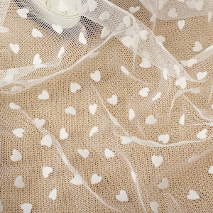 Sweet Heart Lace Fabric in Off White, Heart Flocked Tulle, Polka dots lace For Weddings Dress,  Bridal Veil, Elopement Dress, By 1 Yard