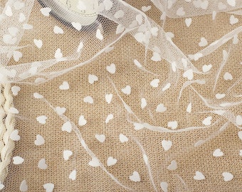 Sweet Heart Lace Fabric in Off White, Heart Flocked Tulle, Polka dots lace For Weddings Dress,  Bridal Veil, Elopement Dress, By 1 Yard