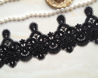 Black Venice Lace Trim, Retro Rococo Lace, Black Bridal Lace, Crochet Lace, 2 yards