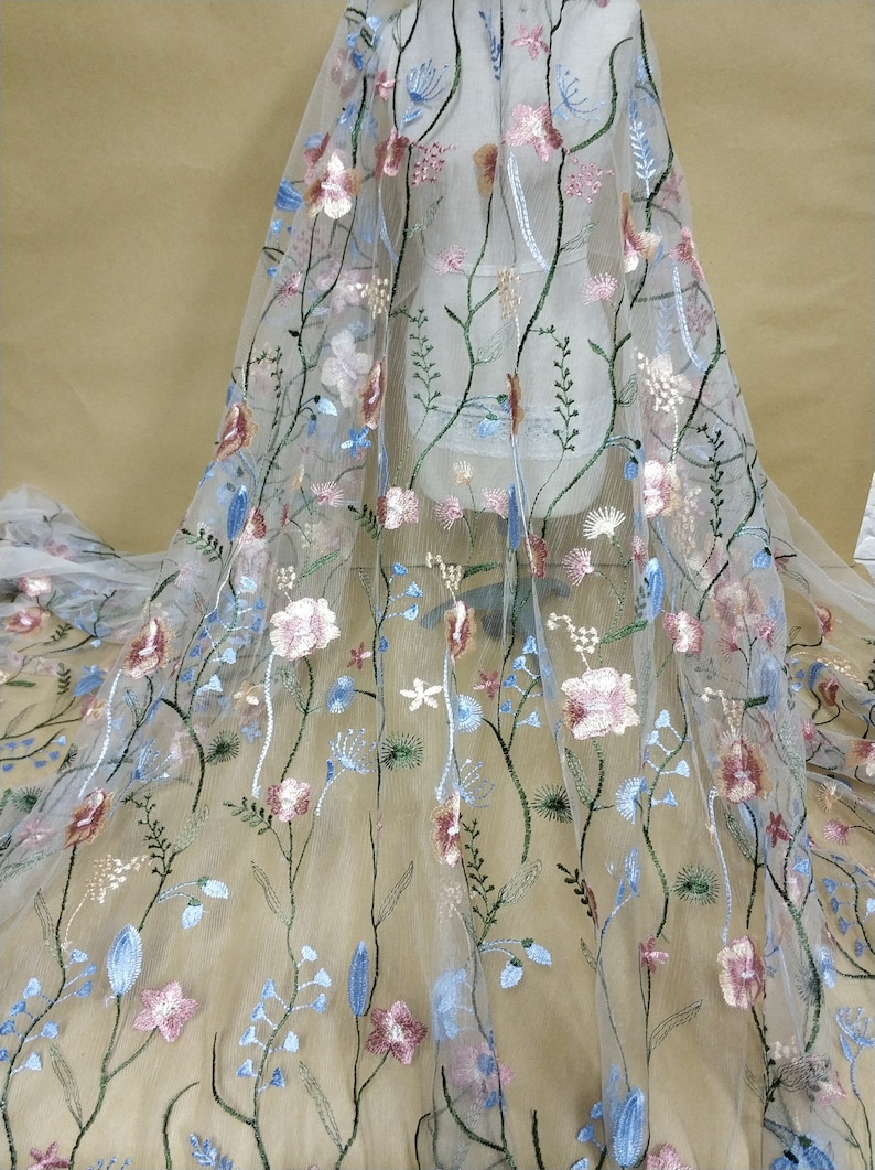 Soft Colorful Floral Tulle Lace Fabric Heavily Embroidery Etsy
