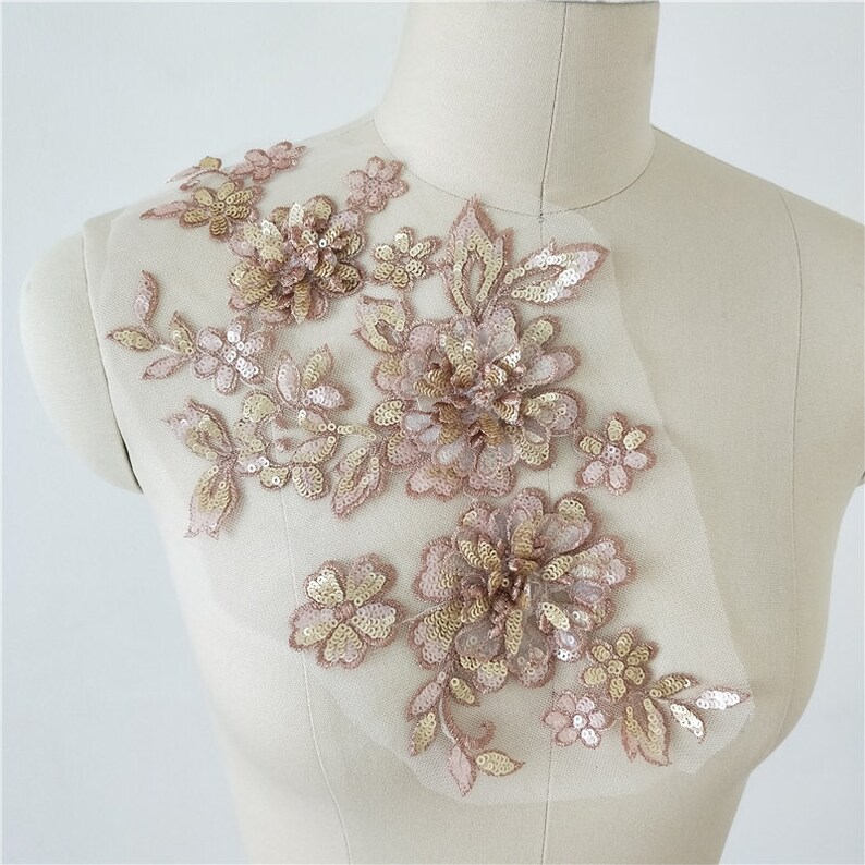 By 1 piece Evening Wear Embroidery Bodice Applique For Wedding gown Colorful Sequined 3D Flower Lace Applique Dance prom Bridal Dress