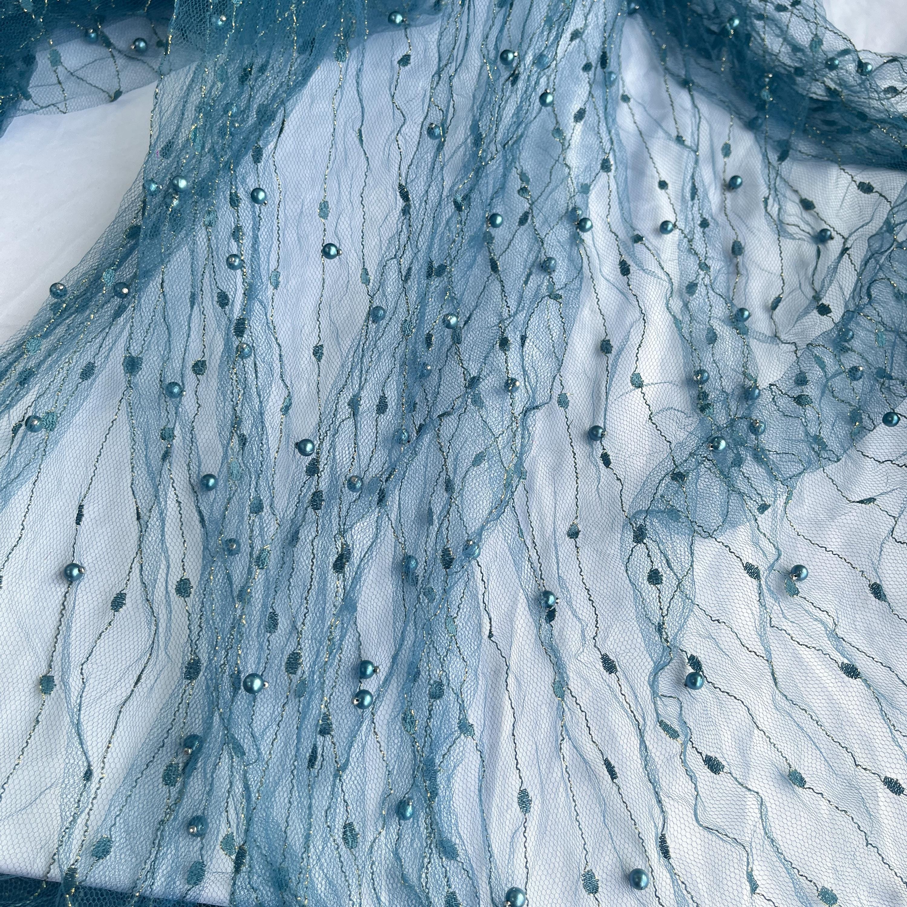 Raindrop Dots Tulle Lace Fabric in Cyan, Soft Gold Thread Pearl