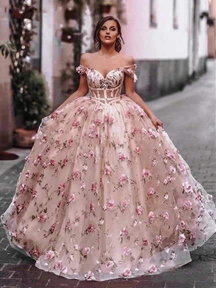 pink dress fabric WEDTREND Women Pink Floral Prom Dress with Slit A-Line Off The Shoulder Corset Formal Dress with 3D Butterflies, Pink / US6