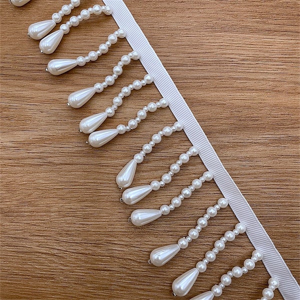 Dangling Ivory Pearls Beaded Trim, Tassel Trim with ribbon, Water droplets Beads Fringe Trim For Home Decor, Lampshade Cover,Curtain,Costume