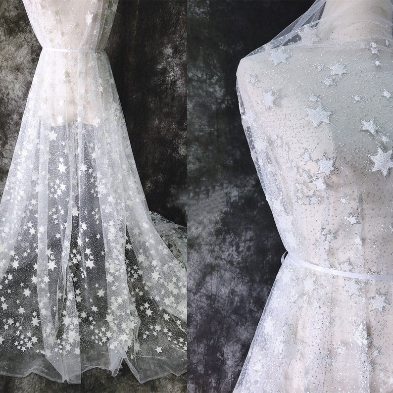 Preciosa tela de tul con estrellas brillantes, tela de estrellas plateadas para decoración de fiestas, vestidos de noche, vestidos de graduación, velos de novia y vestidos de novia, 1 yarda. imagen 2