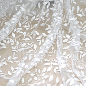 White Beading Leaves Embroidery Tulle Fabric