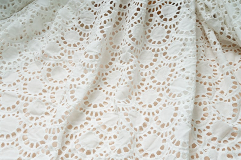 Scallop Pattern Pure cotton lace for Boho Dress Vintage Cotton Eyelet Flower Lace Fabric in Off white Girl Dress Tablecloth or Curtains