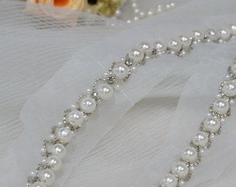 Ivory Pearls Beaded Bridal Lace Trim, Beading Rhinestone Organza Trim, Wedding Belts Lace, Bridal Sashes Lace Trim, Jewelry design, 1 yard