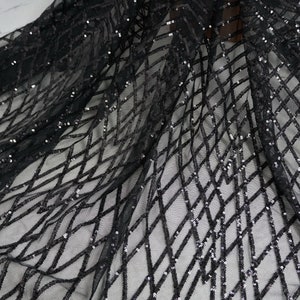 Black Luxury Sequined Embroidery Lace, Diamond Grid Netting, Draped Fabric for Evening gown, Prom, Party dress, Quince Ball Gown, by 1 yard