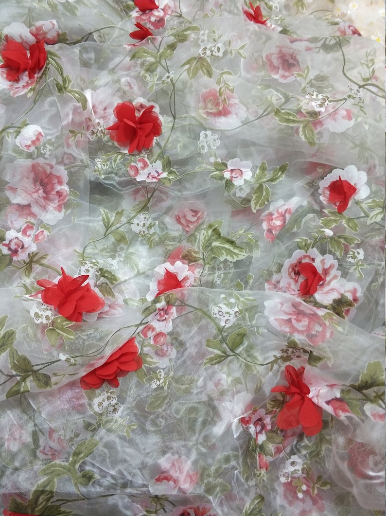 3D Floral lace fabric, organza lace fabric with 3D rosette, Pink flower chiffon fabric, bridal dress Fabric, by 1 yard #4 Red