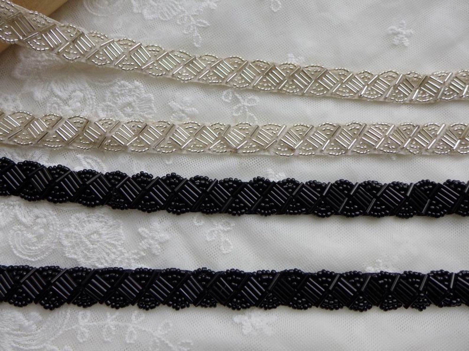 2 Color Beaded Trim Black Beaded Lace Silver Beaded Trim Etsy