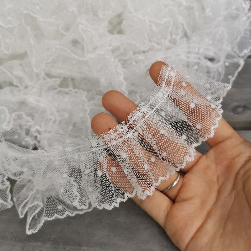 Soft Pleated Tulle Lace Trim, Polka Dots Lace Trim, Ruffled Swiss