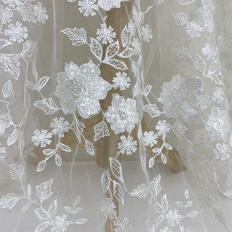 Embroidery Floral Applique Lace Fabric Clear Sequins Etsy