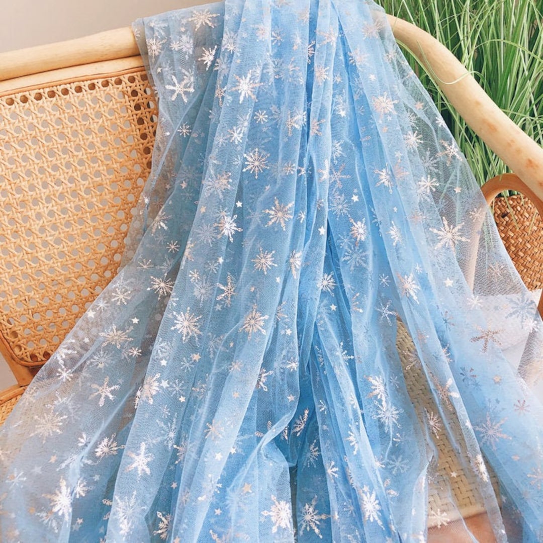 Frozen Print Silver Snowflake Tulle Lace Fabric, Sheer Mesh Lace