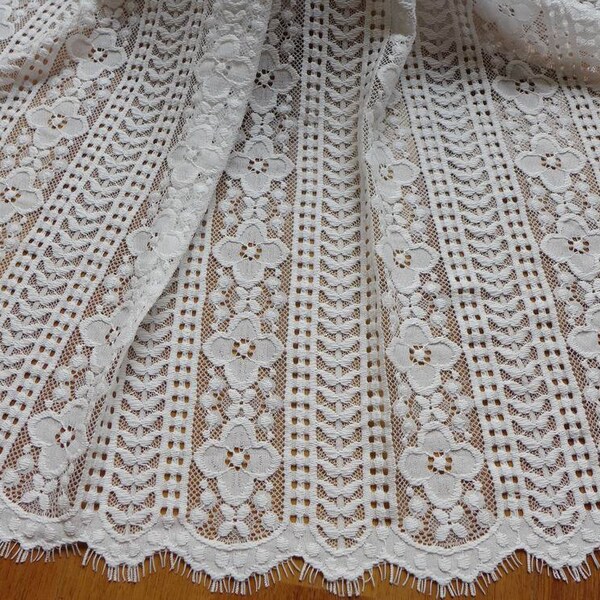 Vintage Chantilly Lace Fabric in White, Double Scalloped Edging for Shawls, Capelet, Cover up, Bridal gown or Costumes, 23.6" Width, 3 yards