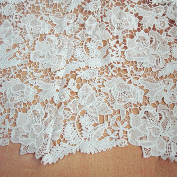 Black Lace Fabric, Crocheted Lace Fabric, Guipure Lace Fabric, Lace Fabric  With Floral and Leaves 