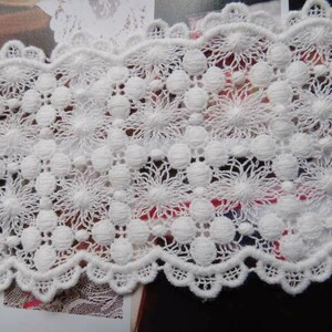 May include: White crochet trim with a scalloped edge and a repeating pattern of small flowers and raised dots.