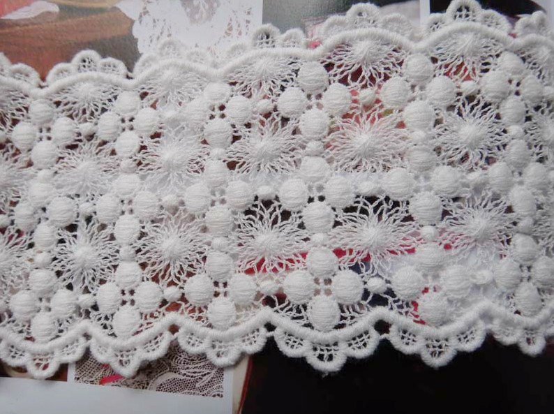 May include: White crochet trim with a scalloped edge and a repeating pattern of small flowers and raised dots.