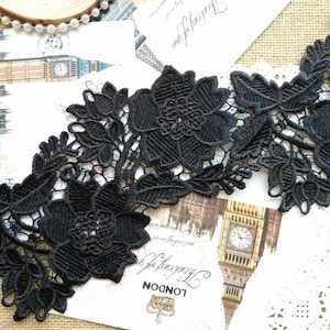 Black Venice Lace Trim with Flower and Leaf Trim for Altered Couture, Sewing, Costume Design, by 1 yard