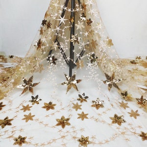 Stunning Galaxy Sequins Star Fabric, Glitters Gold Sequins Tulle Fabric for Party Dress, Evening Dress, Prom Gown, 53&#39;&#39; Width, By 1 Yard,