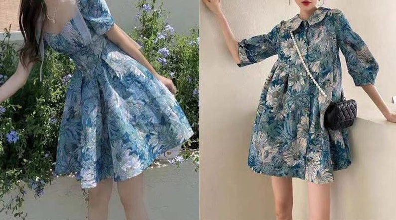 May include: Two short dresses featuring blue and teal floral patterns. The left dress has a square neckline and puff sleeves. The right dress features a rounded collar, three-quarter length sleeves, and a loose, flared silhouette with a floral print.