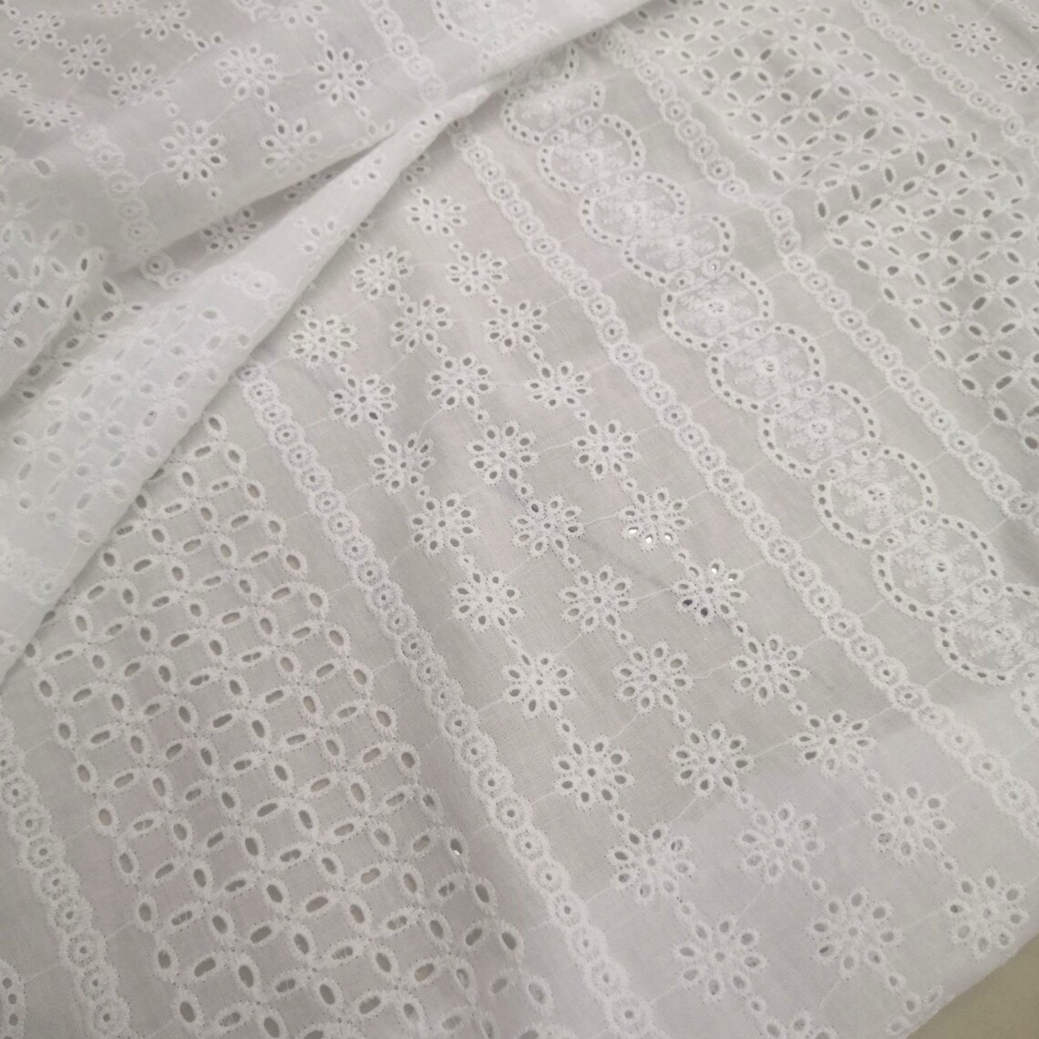 Striped Embroidery Eyelets Cotton Lace Fabric Geometry Hollow Etsy