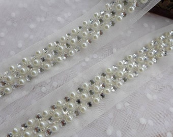 1 Yard Wedding Beaded Trim, Ivory Pearl Trim, Bridal Sash Headbands Jewelry Lace Supply