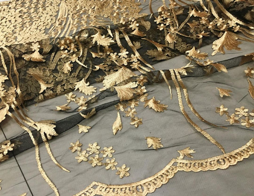 ゴールド刺繍レース生地、ヴィンテージブラックチュールレース ゴールド刺繍レース生地、ヴィンテージブラックチュールレース